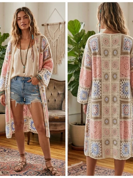 Crochet Patchwork Cardigan Sweater - Pink Multi - Picture 1 of 5